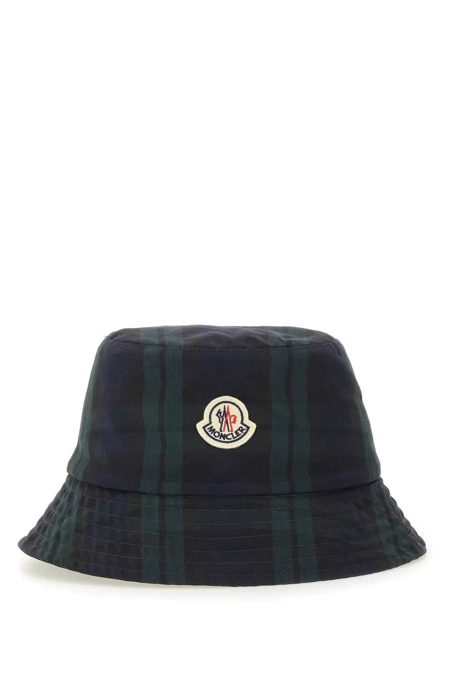 Moncler men’s reversible bucket hat in dark green and navy plaid with circular embroidered logo on front
