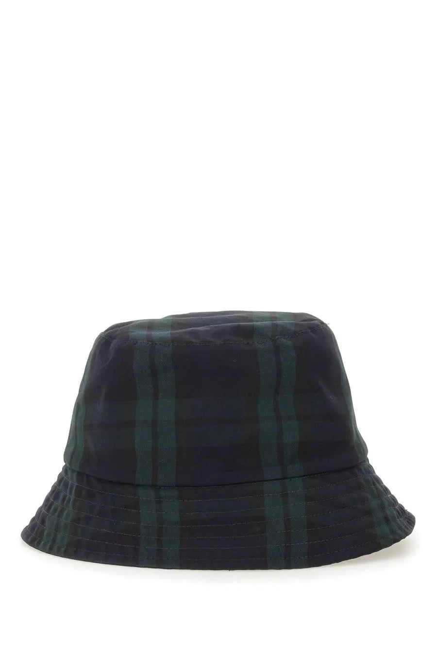 Moncler men’s reversible bucket hat in dark green and navy plaid with slightly textured fabric finish
