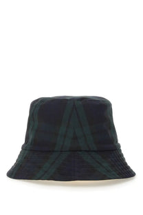 Moncler men’s reversible bucket hat in dark green plaid with wide brim and subtle textured fabric