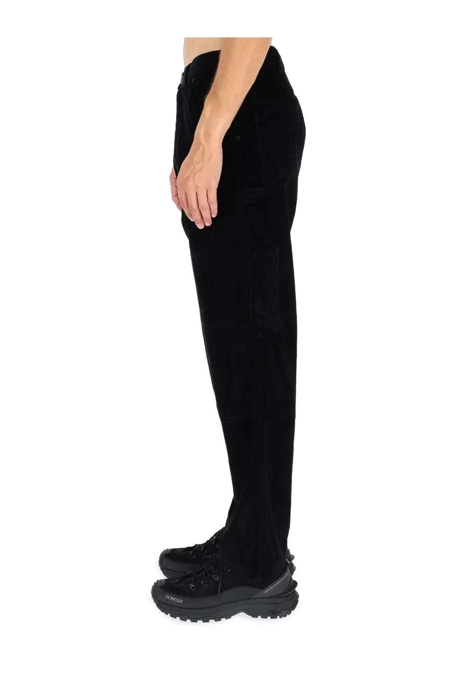 Moncler men’s ribbed black velvet trousers with sleek straight-leg cut and subtle stitching details