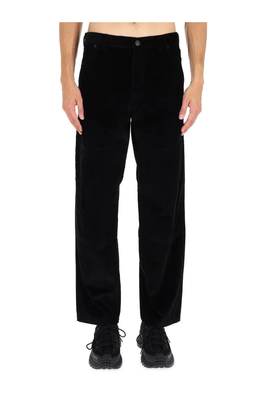 Black velvet Moncler men’s ribbed pants with a straight-leg cut and classic five-pocket design