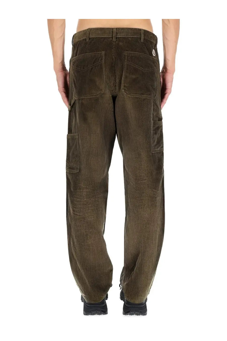 Brown corduroy cargo pants with multiple pockets and belt looped at the waist for men by moncler green collection