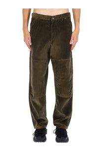 Moncler men’s green ribbed pants in olive corduroy with patch design and classic denim style pockets