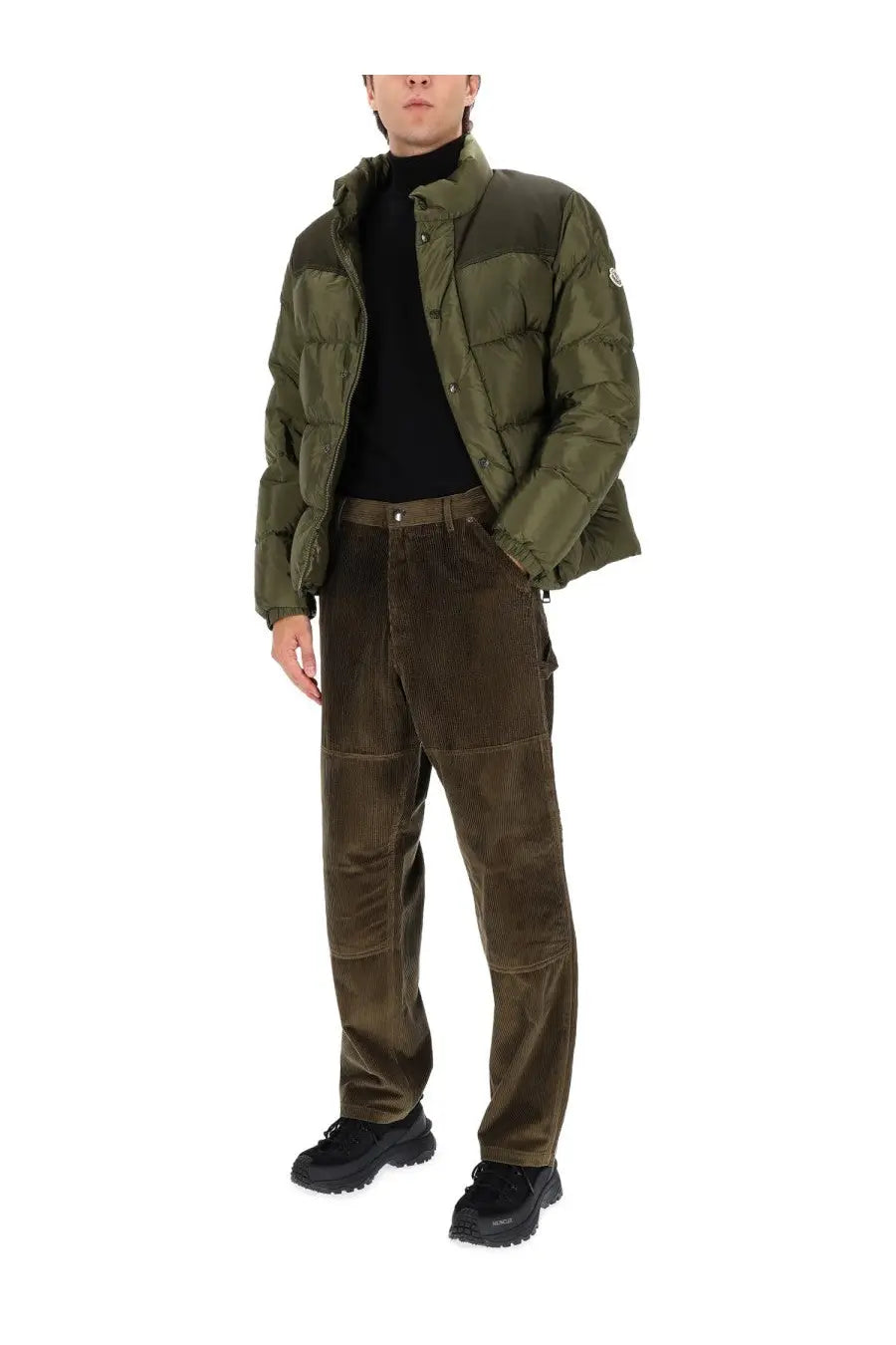Moncler men’s olive green quilted puffer jacket with ribbed pants and subtle logo patch on the left sleeve