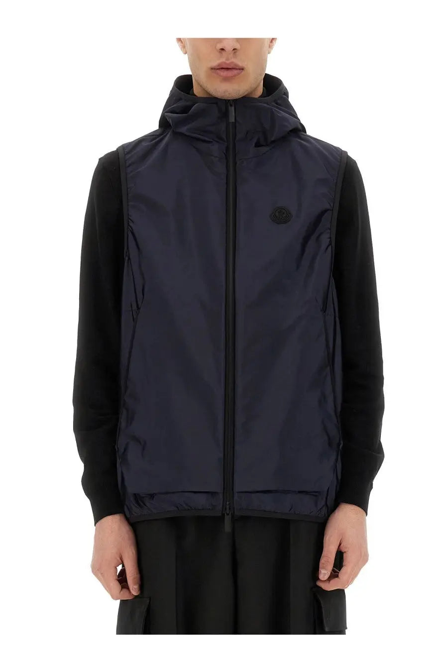 Moncler men’s sleeveless moretan blue dark navy hooded vest with lightweight nylon finish and subtle chest logo