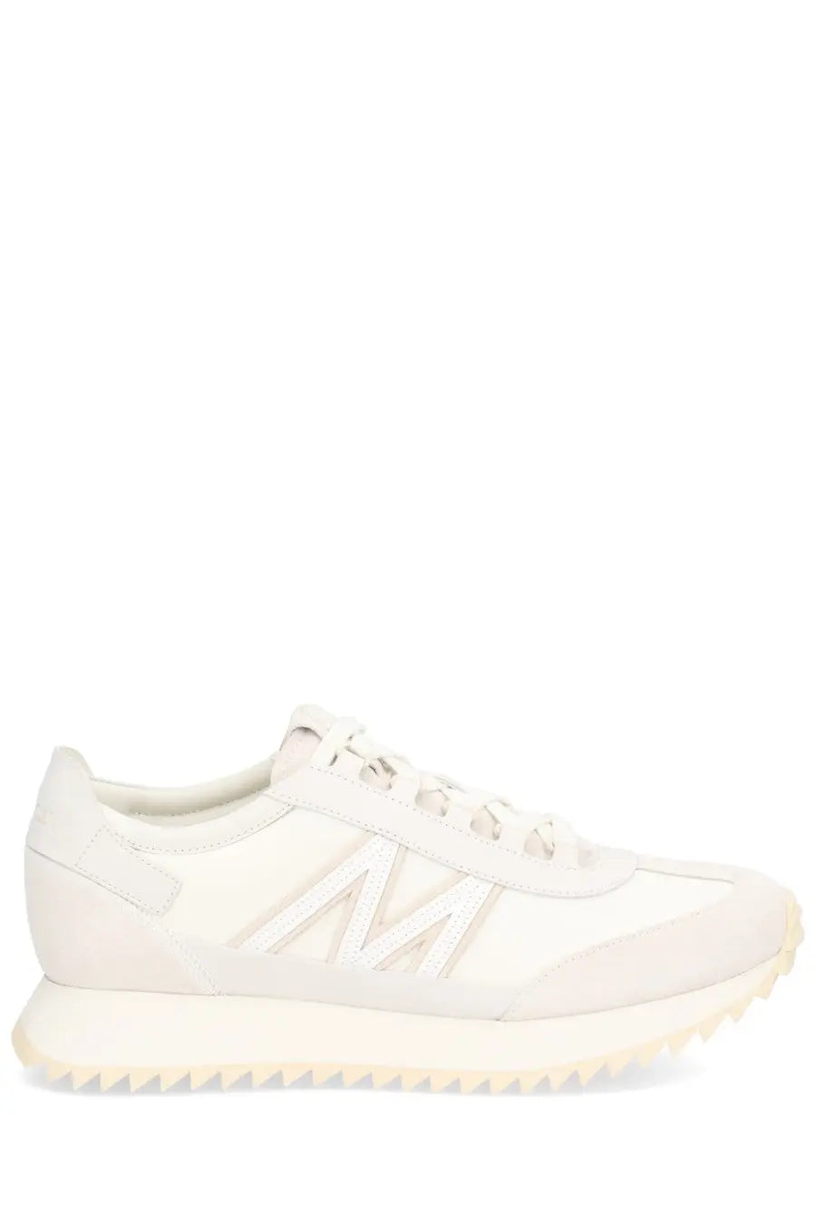 Moncler men’s white leather sneaker with bold stitched m logo and textured rubber sole for casual wear