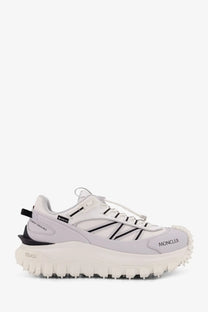 Moncler men’s trailgrip gtx leather and ripstop hiking sneaker in white with black accents and rugged textured sole