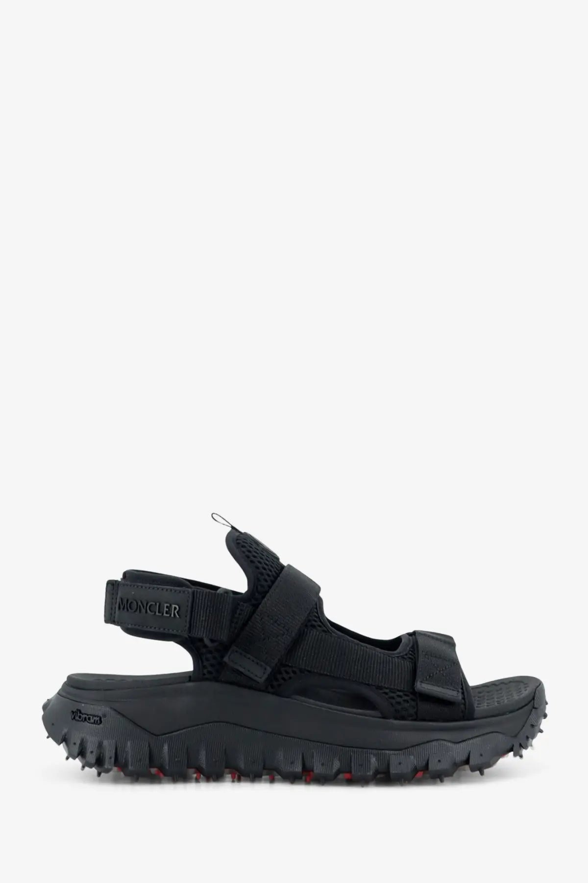 Black moncler men’s trailgrip vela sandals with rugged textured sole adjustable straps cordura mesh and rubber materials