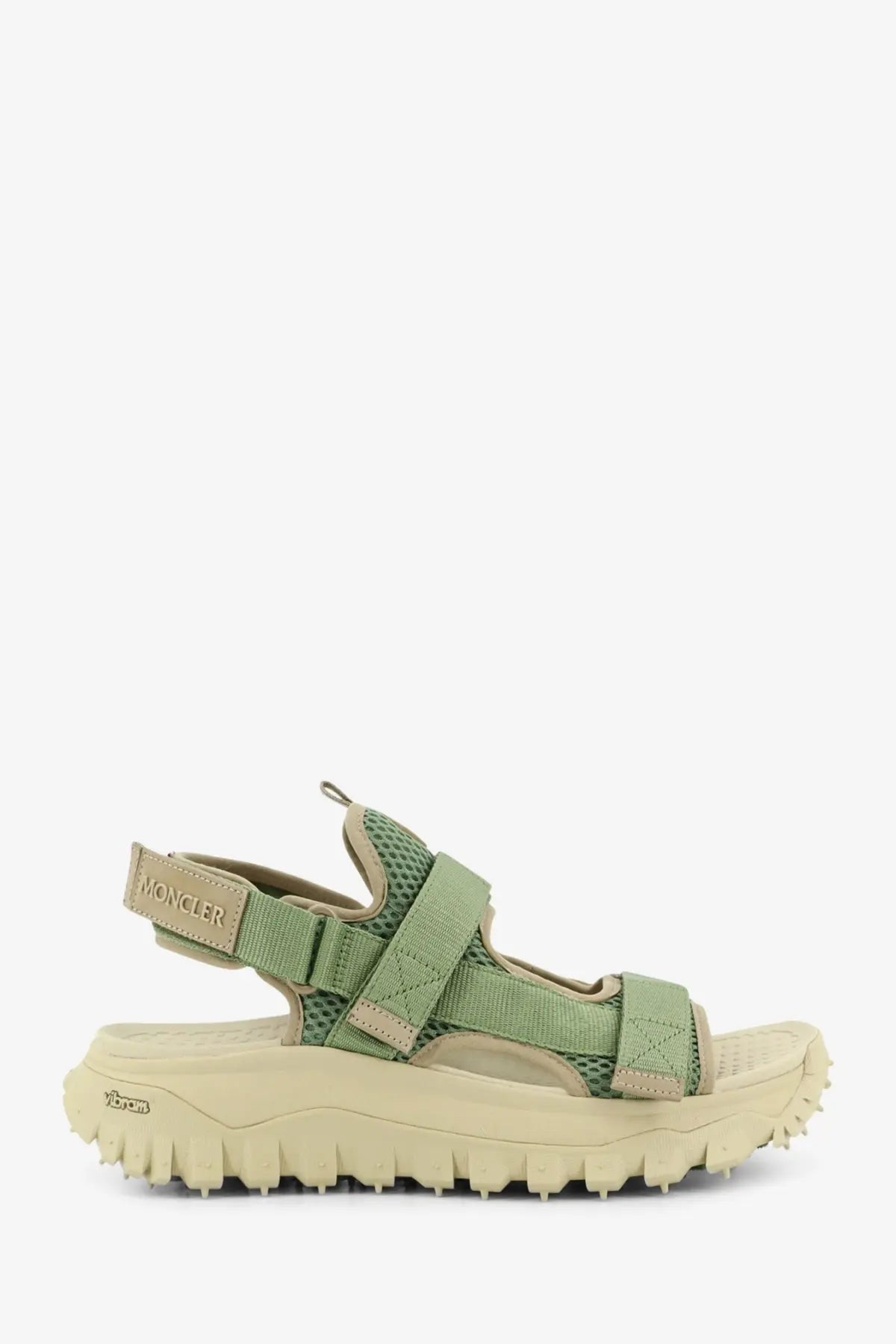 Moncler men’s trailgrip vela green mesh and canvas strap sandal with beige rubber sole for outdoor use