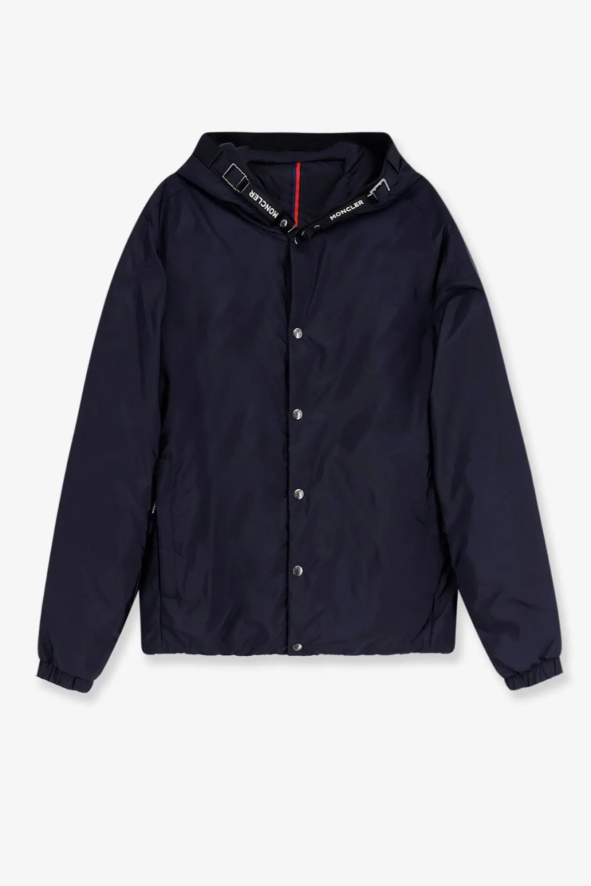 Moncler men’s trestraou down jacket in blue featuring a black hooded jacket with silver buttons and red collar stripe