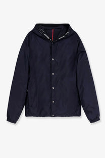 Black moncler men’s trestraou down jacket with hood silver buttons and red stripe inside collar detail