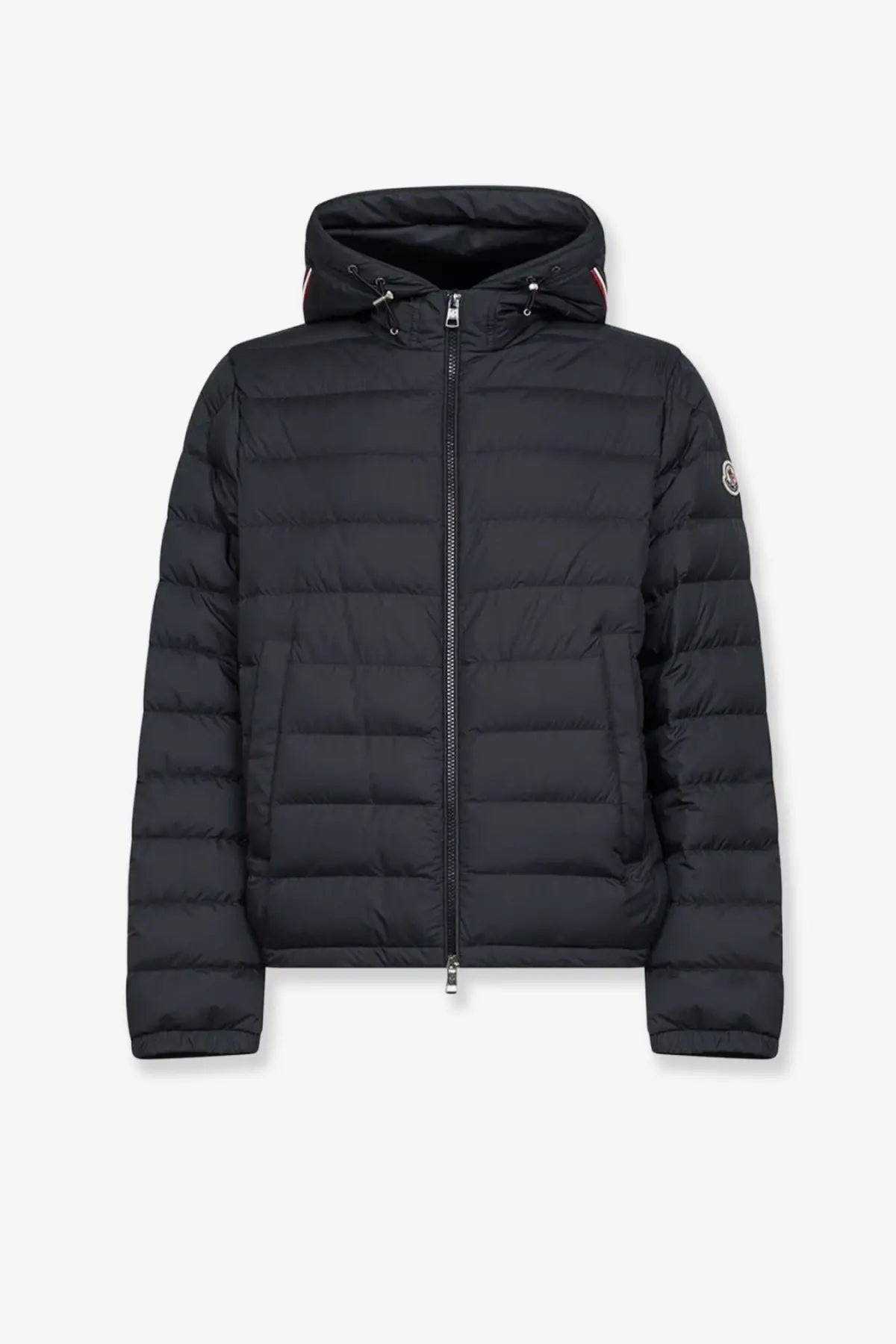 Moncler men’s vermeille black quilted hooded puffer jacket with subtle red and white collar trim
