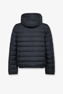 Moncler men’s vermeille hooded jacket black quilted puffer with horizontal stitching and sleek modern design