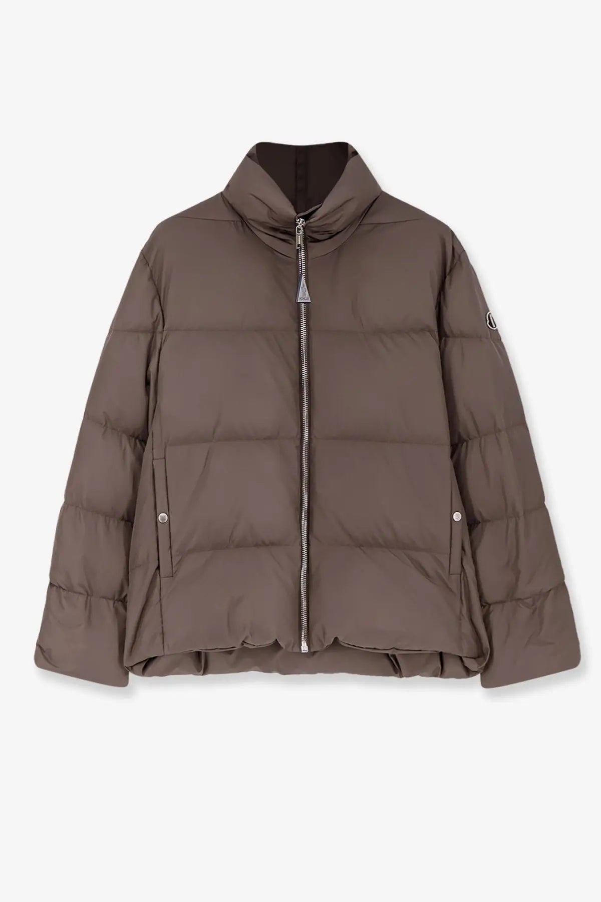 Brown puffer jacket with high collar quilted design and silver zipper in moncler rick owens men’s cyclopic grey nylon down jacket