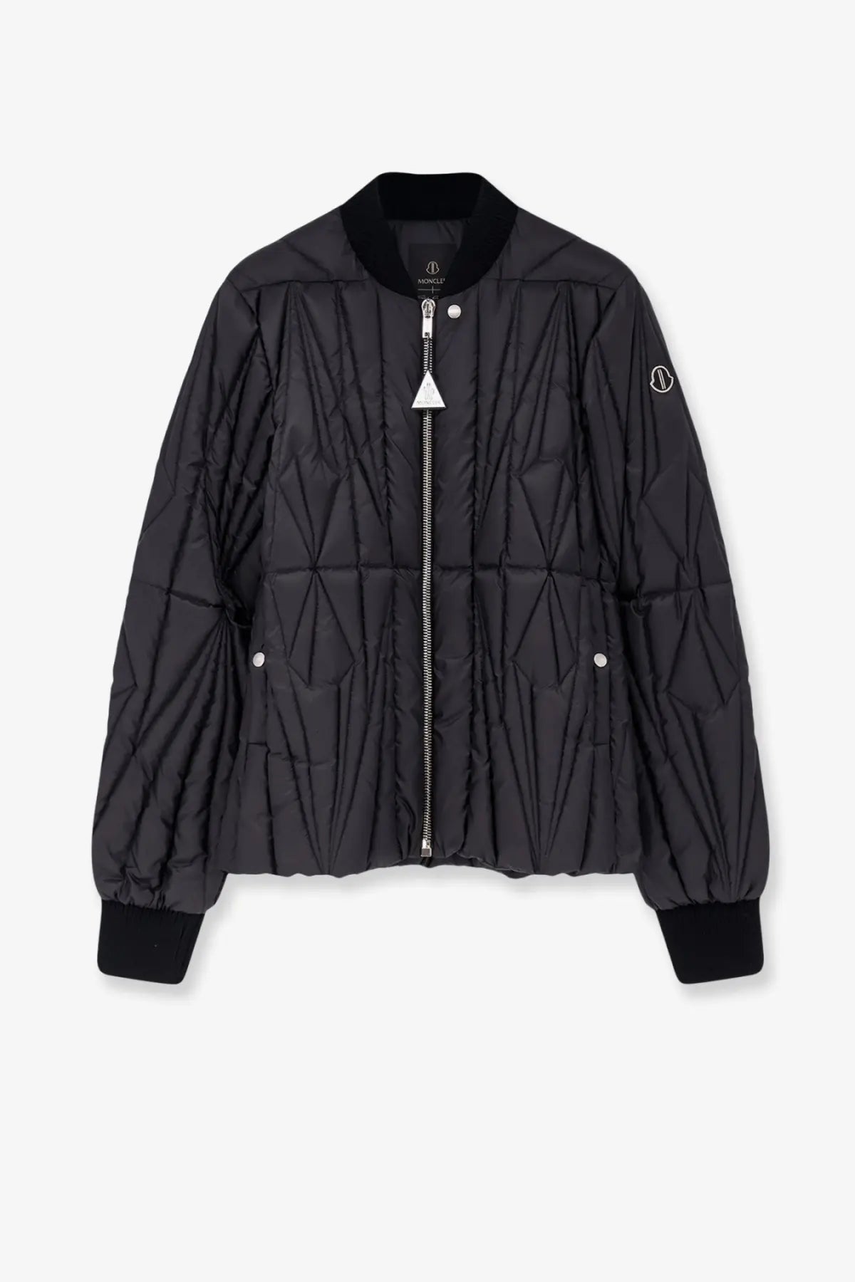 Moncler Rick Owens men’s black quilted bomber jacket with geometric diamond pattern silver zipper and button accents