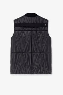 Black quilted mens leather vest by Moncler and Rick Owens with geometric pattern and contrasting collar