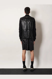 Moncler + Rick Owens men’s black quilted leather vest with geometric stitching pattern and flight style design