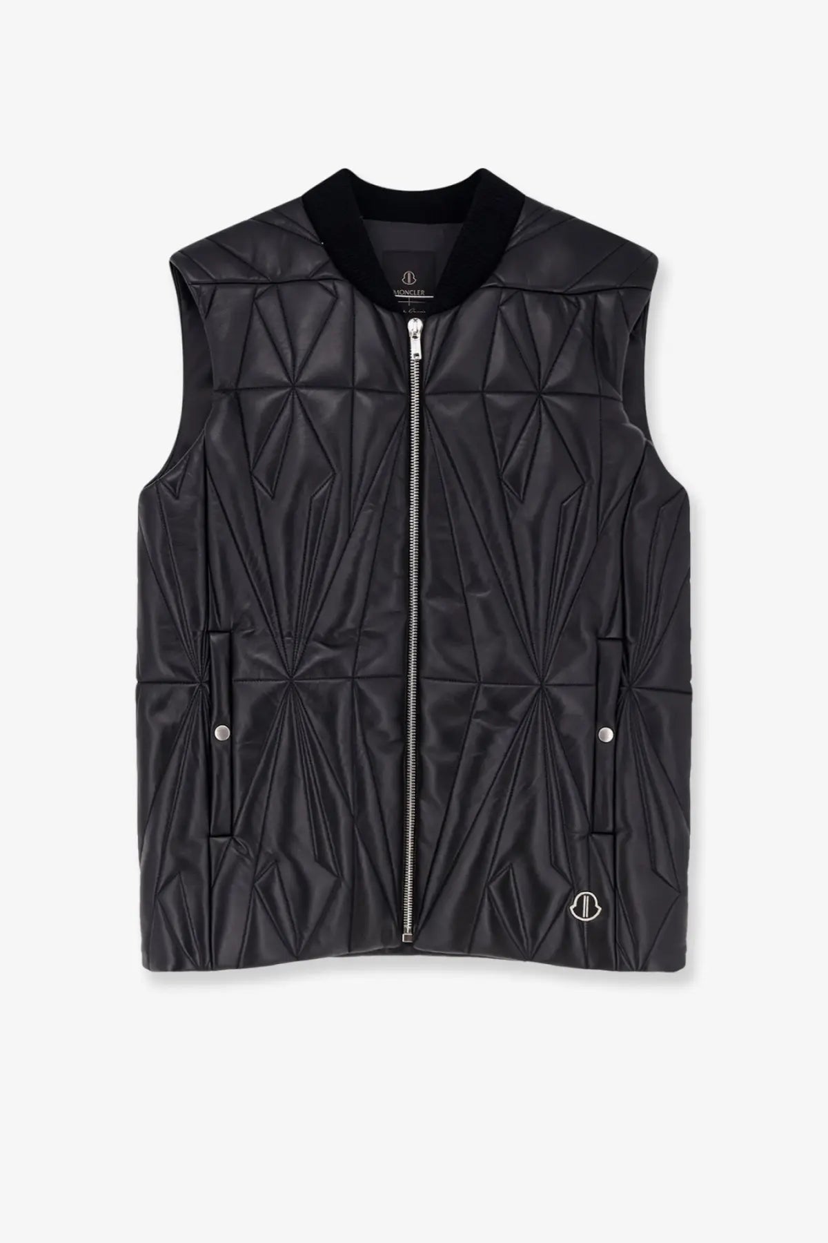 Moncler rick owens men’s black quilted leather vest with geometric pattern and silver zipper front closure