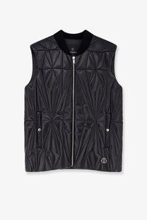 Moncler rick owens men’s black quilted leather vest with geometric pattern and silver zipper front closure