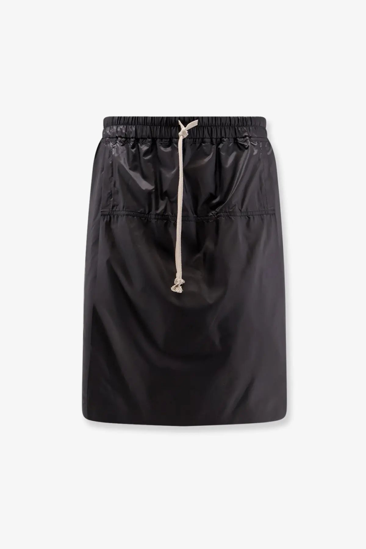 Moncler rick owens men’s black nylon kiltshorts with elastic waistband and beige drawstring front view