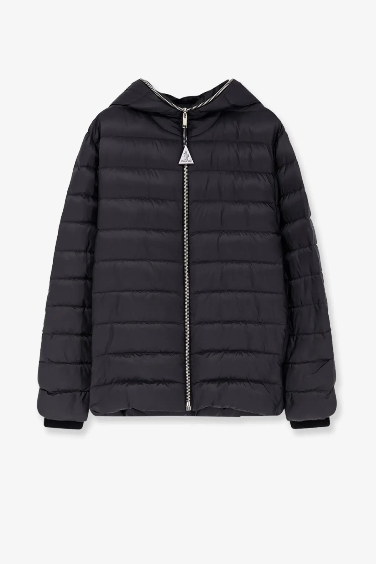 Black quilted hooded puffer jacket with silver zipper and triangular Moncler Rick Owens logo on the front