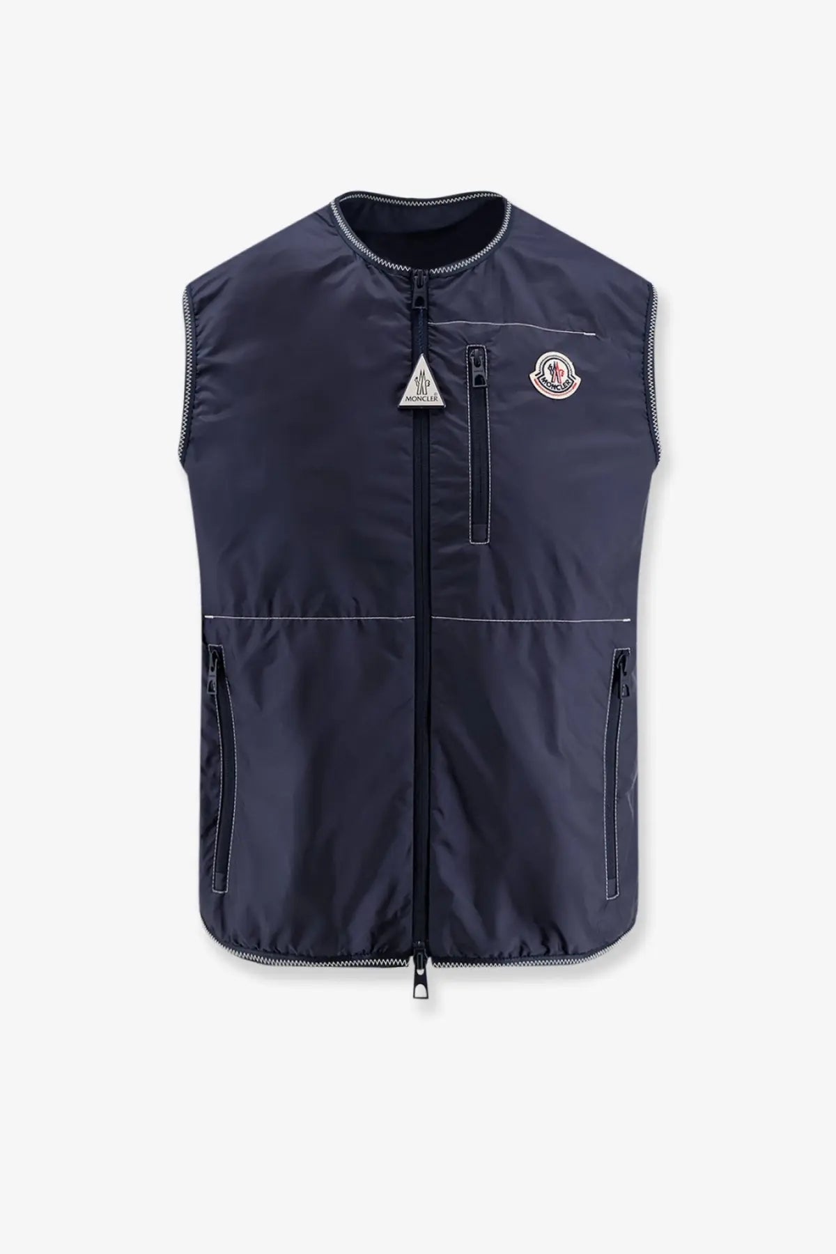Dark navy moncler women’s alshain sleeveless jacket with sleek quilted design and contrasting white stitching