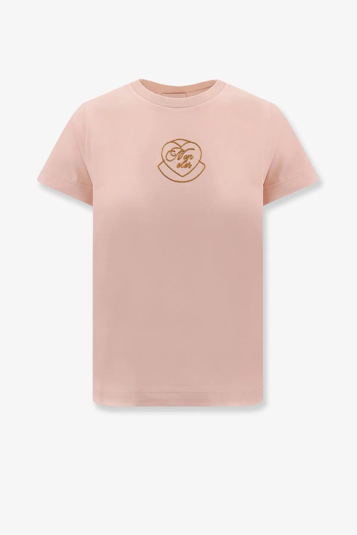 Moncler women’s biologic cotton blush pink short-sleeved t-shirt with a delicate gold-embroidered heart logo on chest