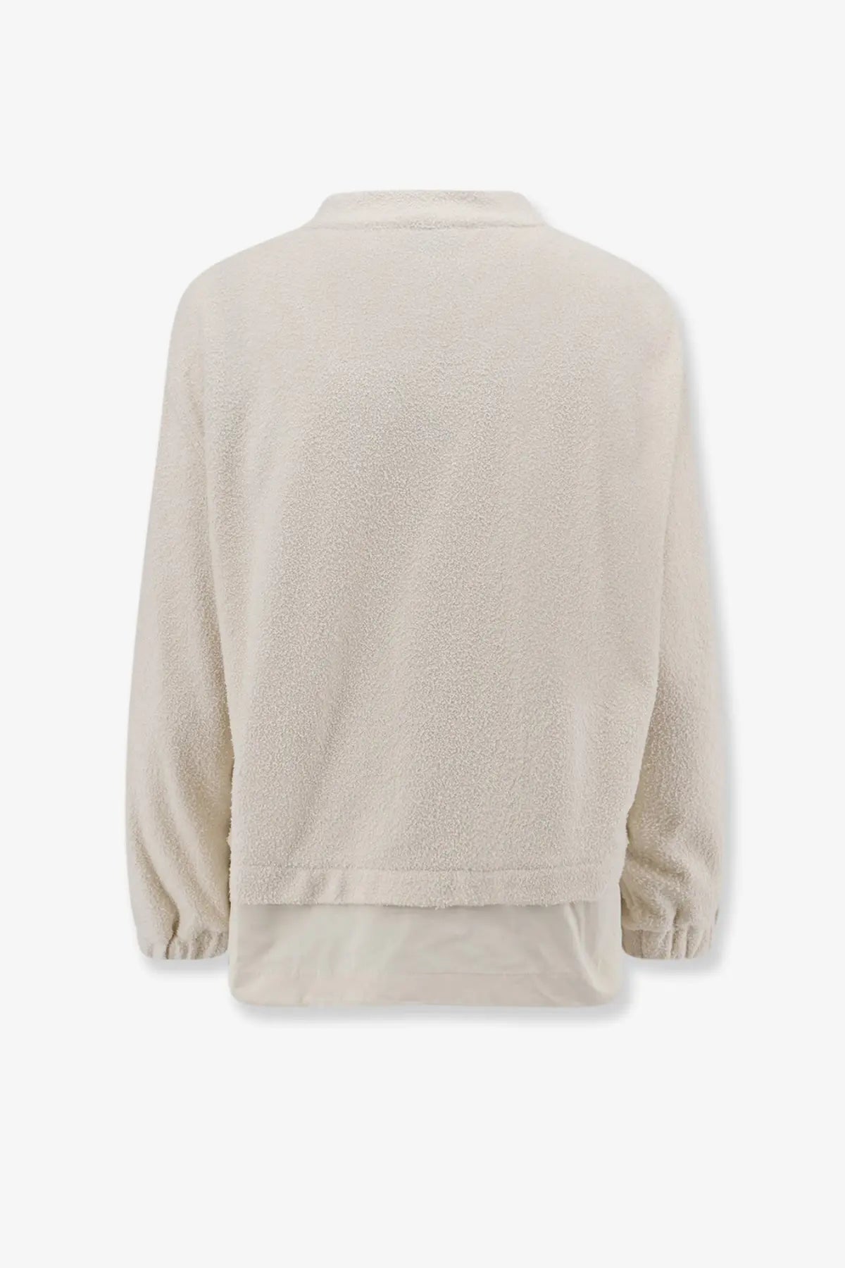 Beige moncler women’s bouclé nylon jacket with plush fleece texture and elasticated cuffs