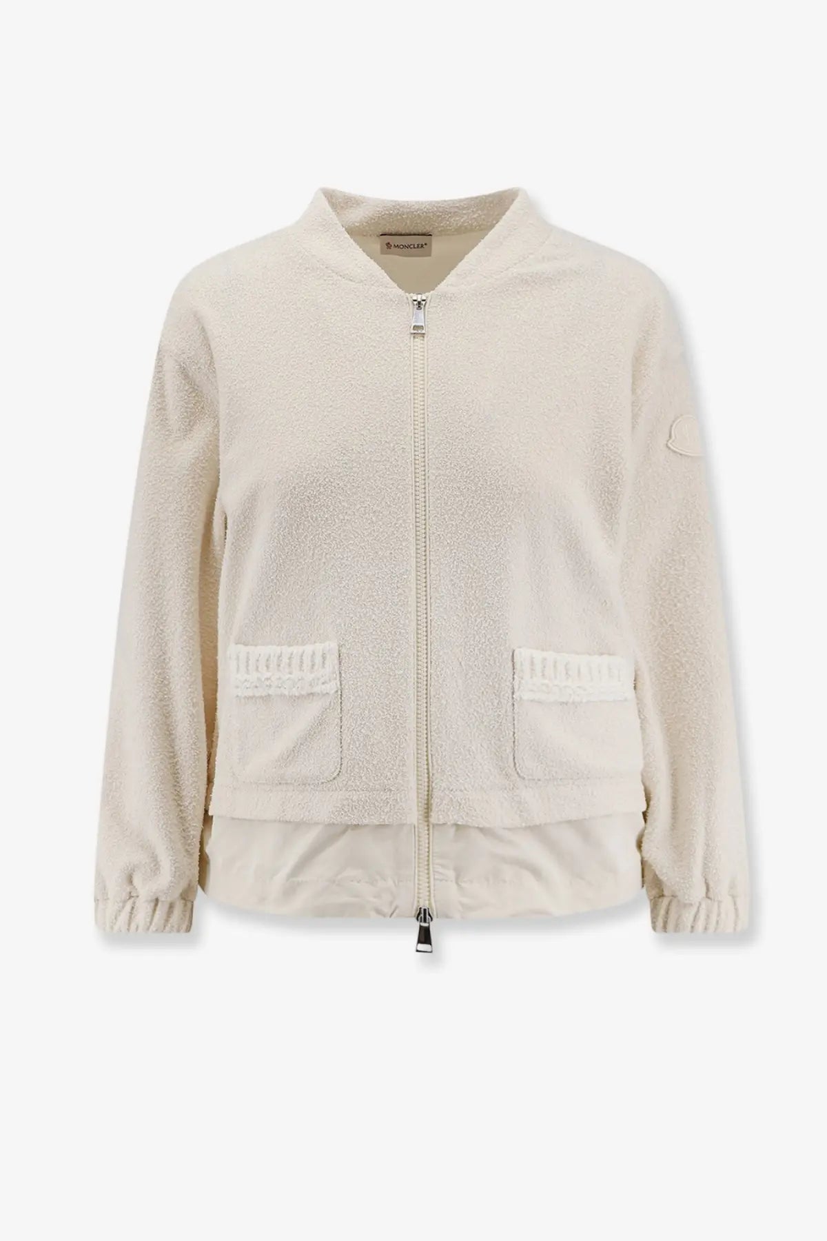 Moncler women’s bouclé nylon jacket white cream bomber with plush fabric and white lace trimmed pockets
