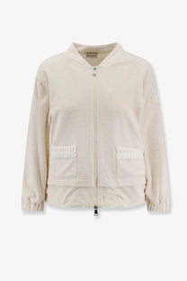Moncler women’s bouclé nylon jacket white cream bomber with plush fabric and white lace trimmed pockets