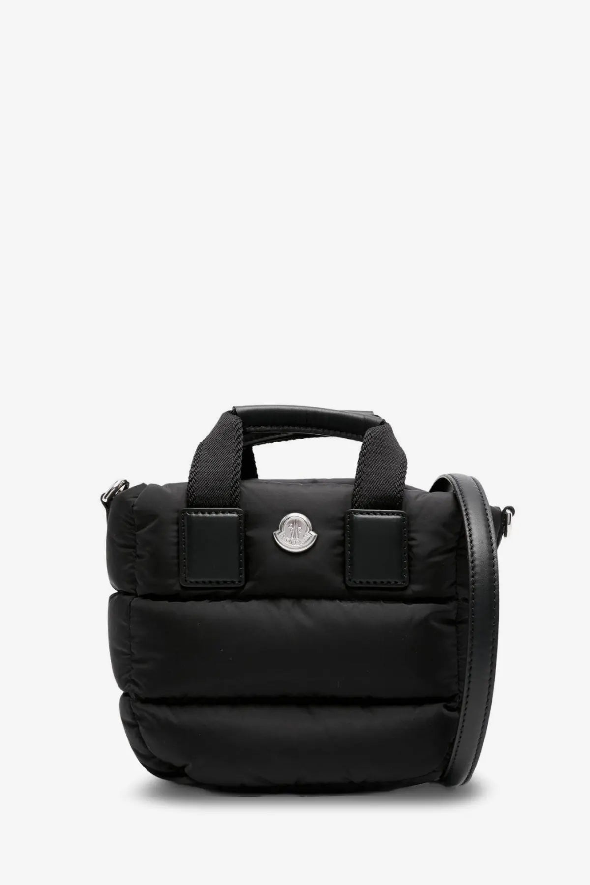 Moncler women’s Caradoc micro nylon shoulder bag black with quilted puffer texture silver logo plaque and leather strap