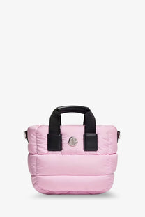 Moncler women’s caradoc micro nylon shoulder bag pink with black handles and silver logo plaque