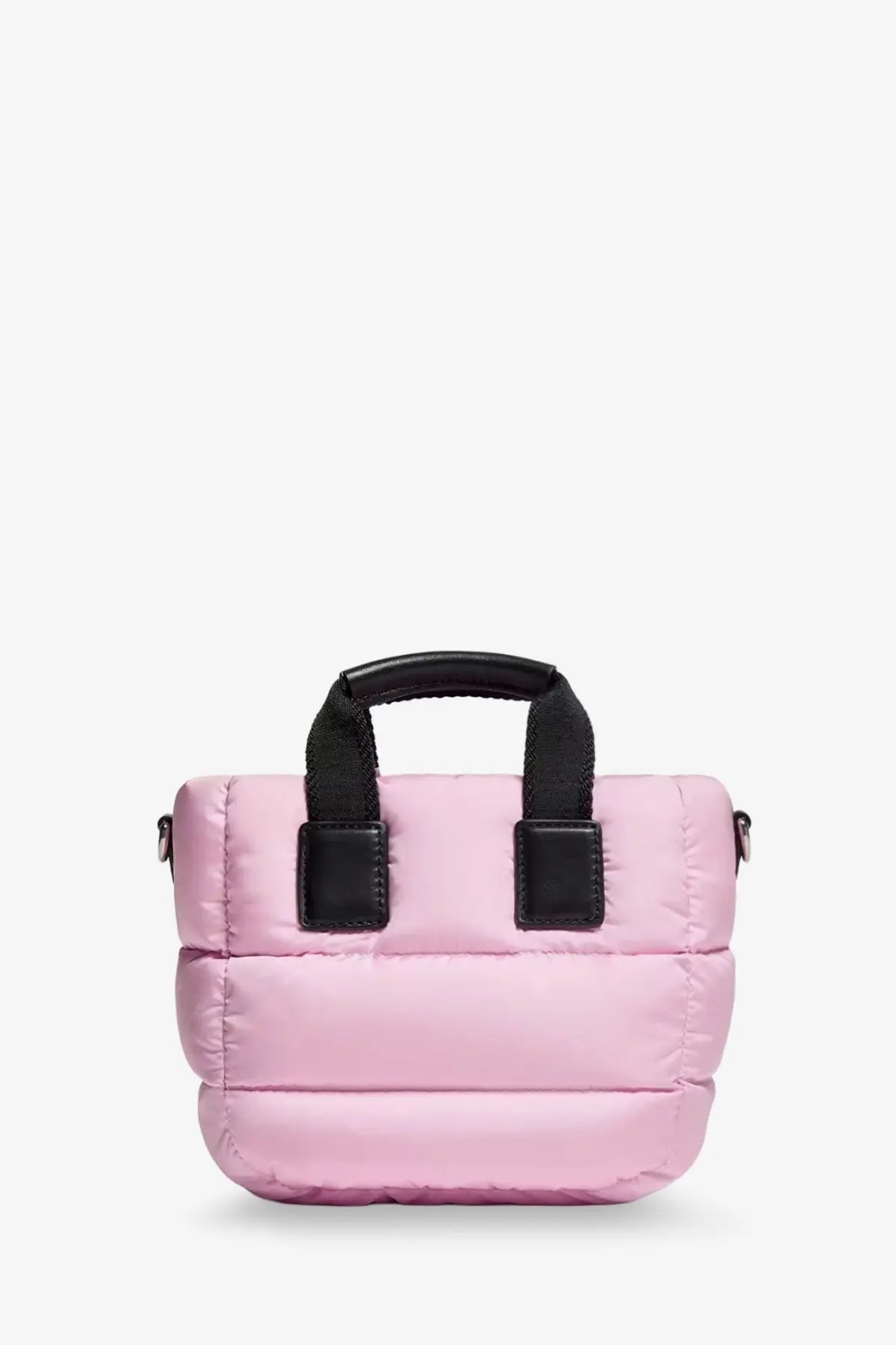 Moncler women’s caradoc micro nylon shoulder bag in pink with black fabric handles and leather-like accents