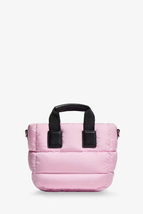 Moncler women’s caradoc micro nylon shoulder bag in pink with black fabric handles and leather-like accents