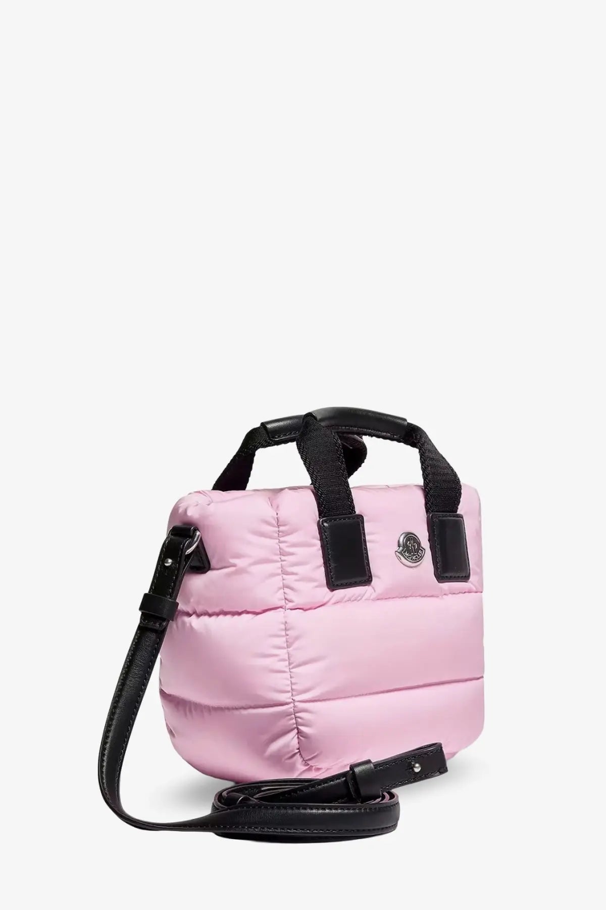 Moncler women’s caradoc micro nylon shoulder bag in pink with quilted design black leather handles and logo emblem