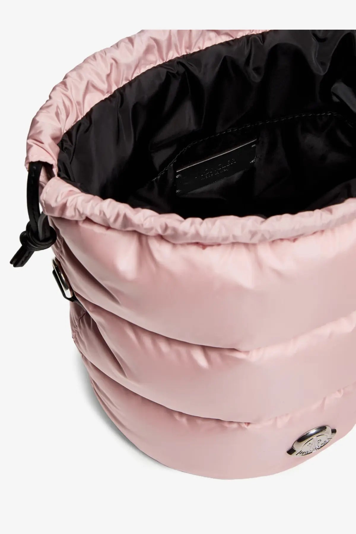 Moncler women’s caradoc pink nylon bucket bag with puffer design black drawstring closure and metallic logo plaque