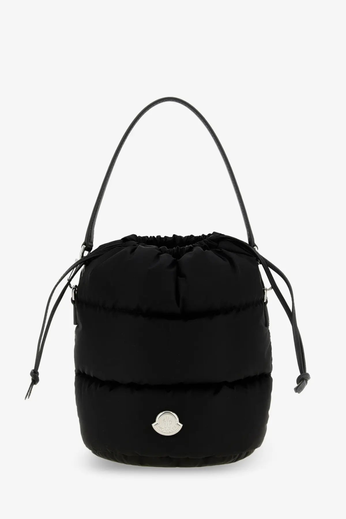 Moncler women’s black nylon puffer bucket bag with silver logo plaque and black leather handle