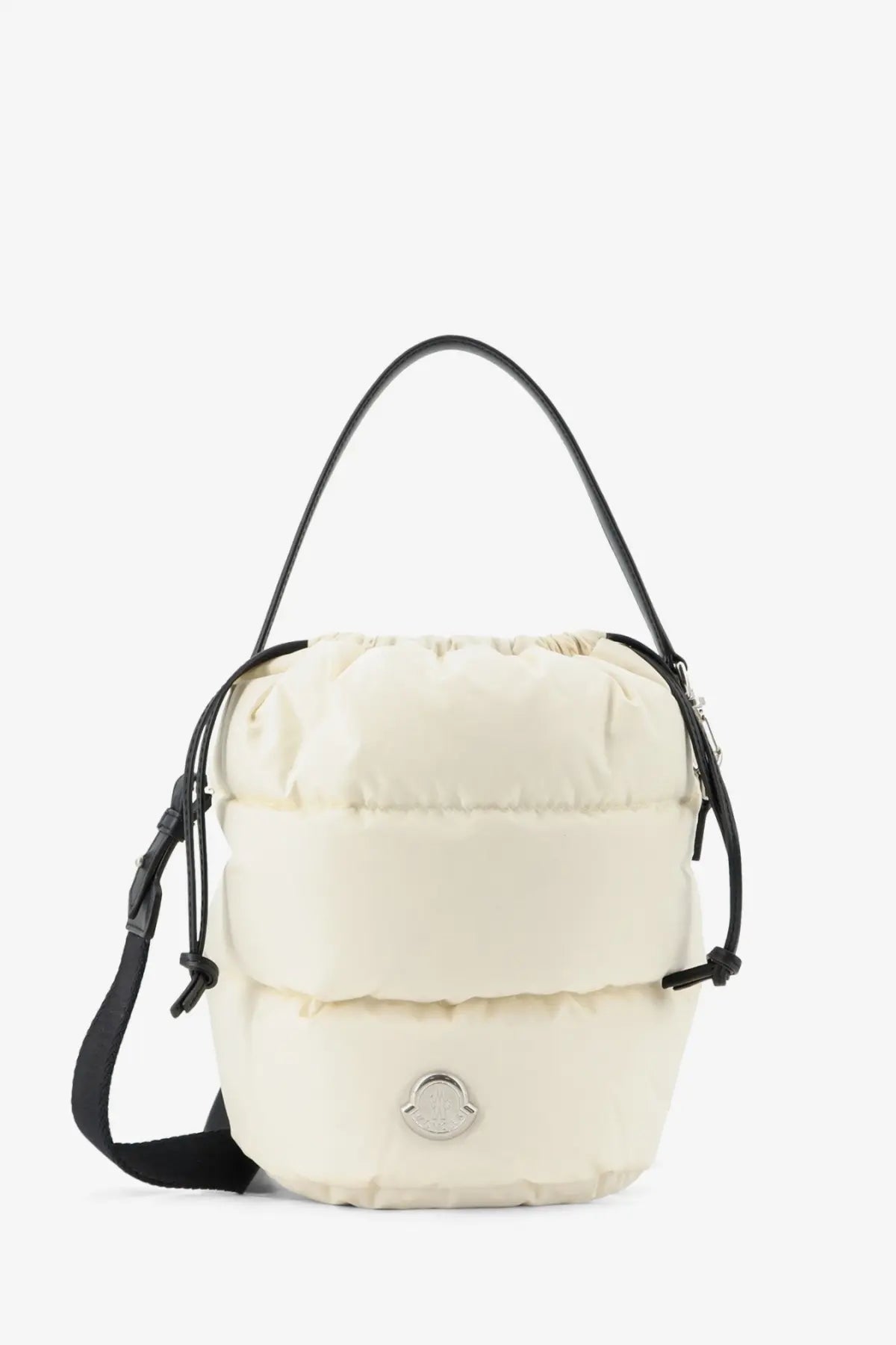 Moncler women’s caradoc cream puffer bucket bag with black leather handles and silver logo plaque white