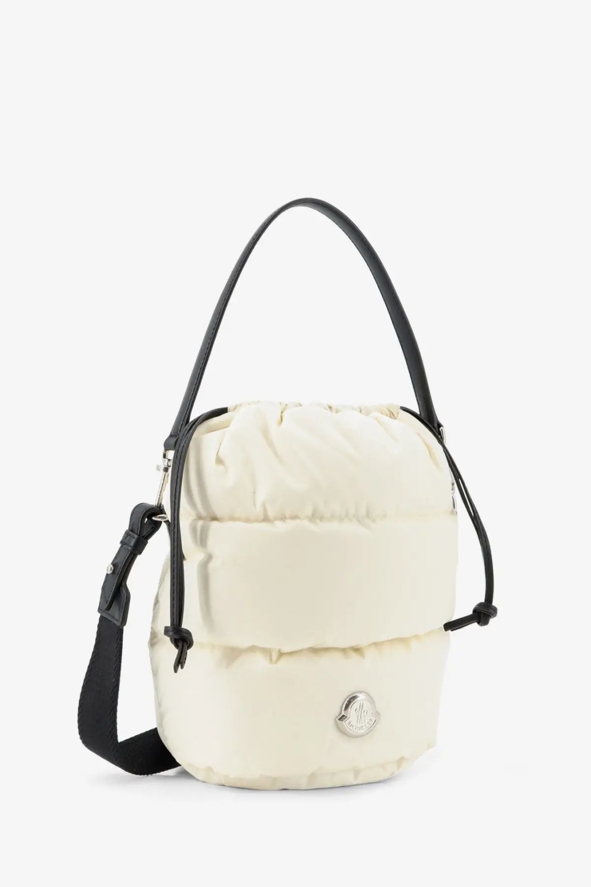 Moncler women’s caradoc cream puffer bucket bag with black leather handles and silver moncler logo plaque