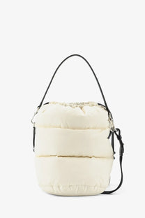 Moncler women’s cream-colored caradoc puffer bucket bag with black leather handles and adjustable strap white
