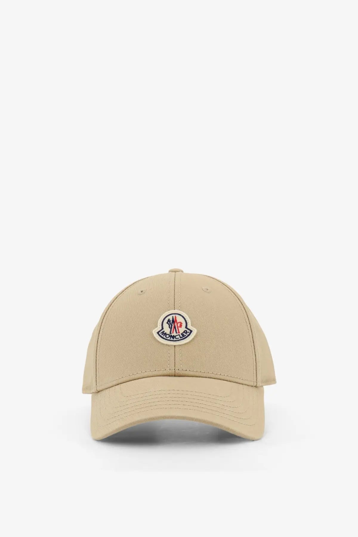 Beige Moncler women’s cotton baseball hat with circular embroidered logo in red blue and white colors