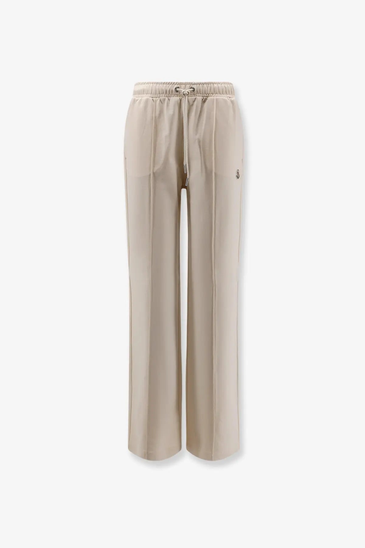 Moncler women’s white cotton jogging trousers with beige wide-leg pants elastic waistband and embroidered logo on thigh