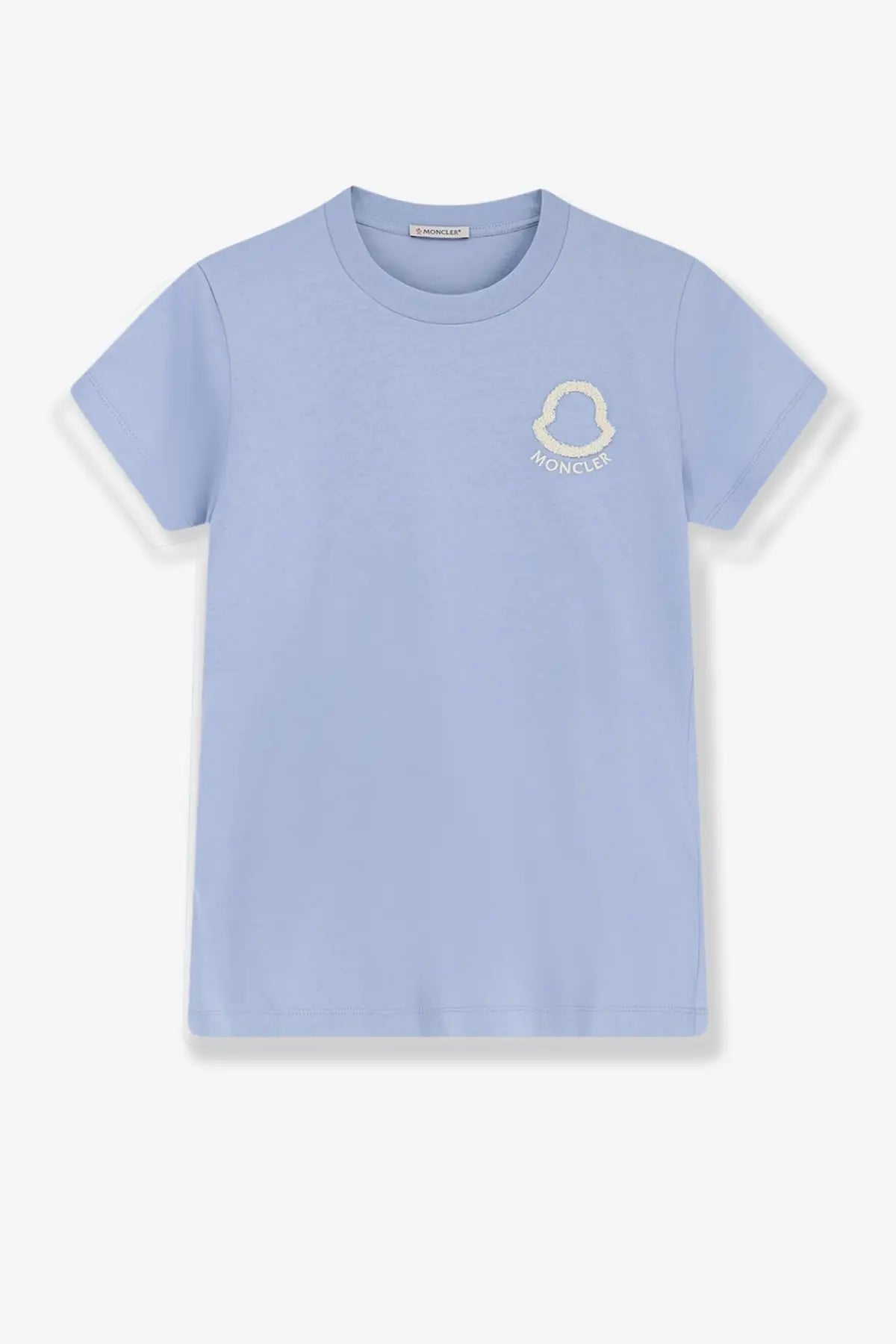 Moncler women’s light blue cotton short-sleeved t-shirt with subtle embroidered logo on the chest