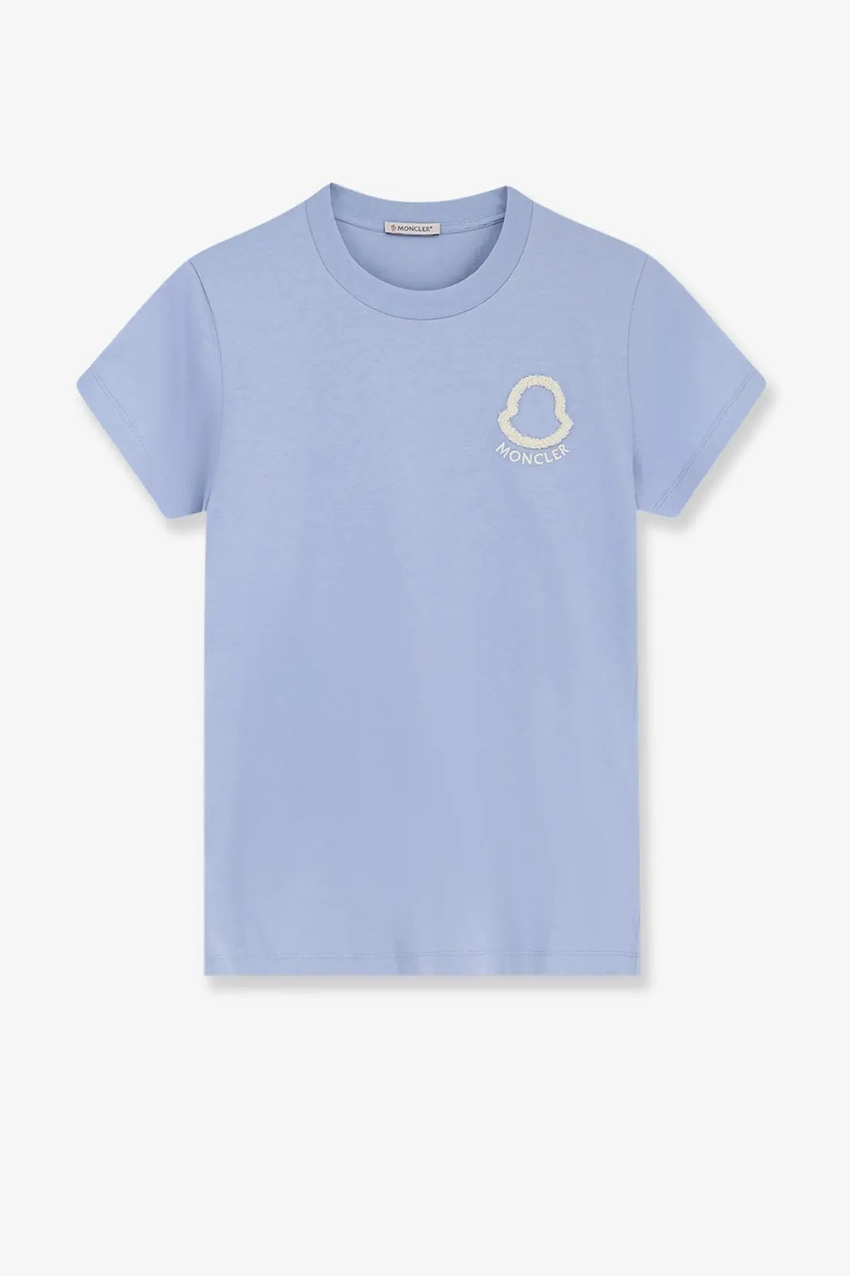 Light blue Moncler women’s cotton short-sleeved t-shirt with subtle embroidered logo on the chest