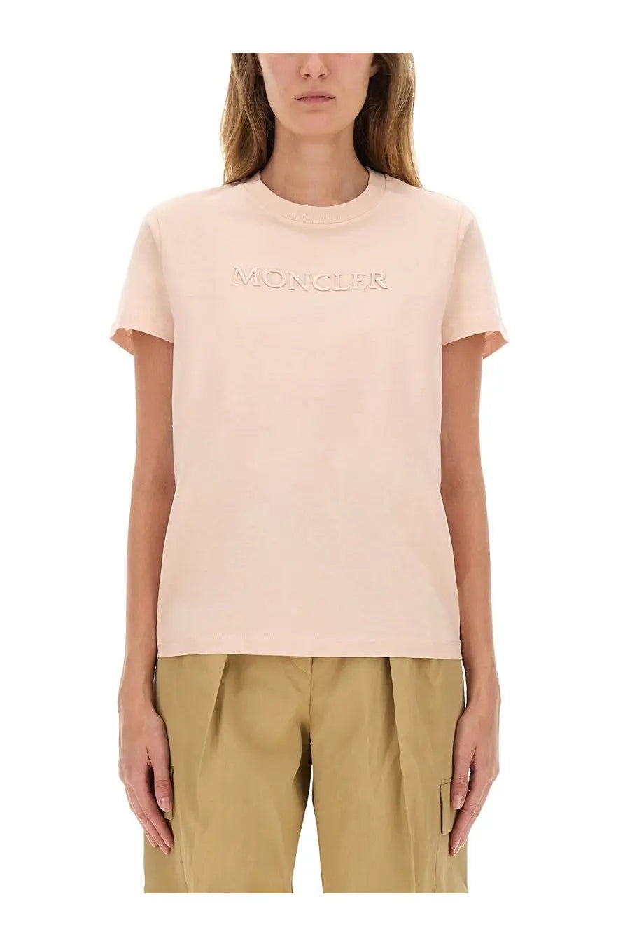 Moncler women’s cotton t-shirt in soft blush pink with a subtle raised logo across the chest
