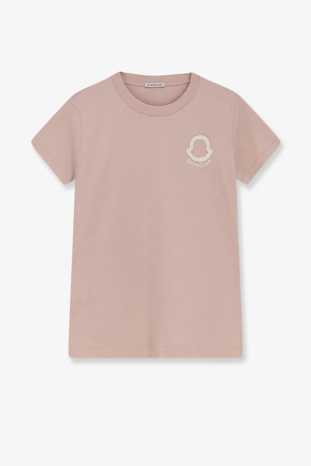 A soft blush pink moncler women’s cotton short-sleeved t-shirt with a subtle embroidered logo on the chest