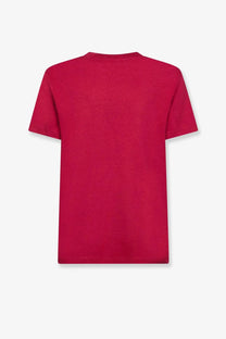 A vibrant red moncler women’s cotton shirt with short sleeves and a soft crew neck design