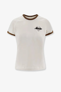 Moncler women’s cotton cream short-sleeve t-shirt with brown ribbed trim and black embroidered logo in white