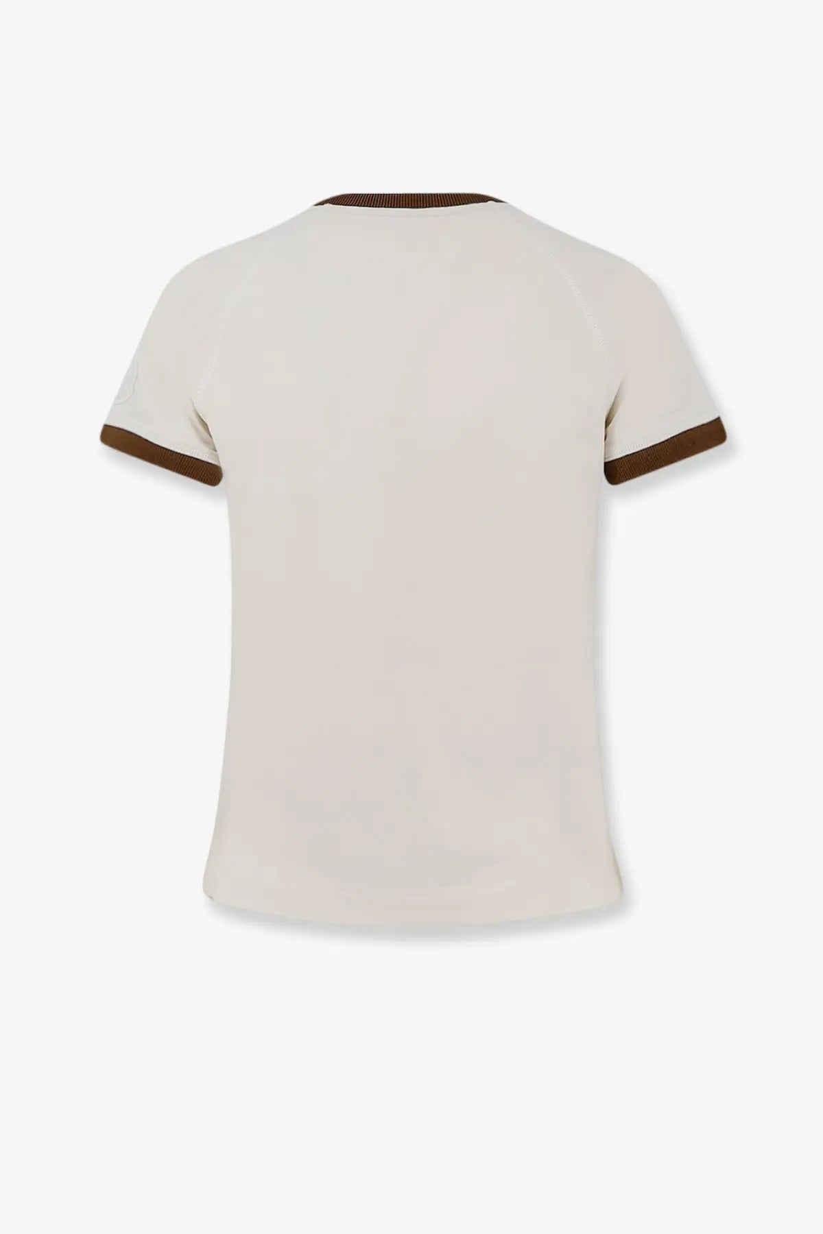 Moncler women’s cream cotton short-sleeved t-shirt with brown ribbed trim at neckline and sleeve cuffs
