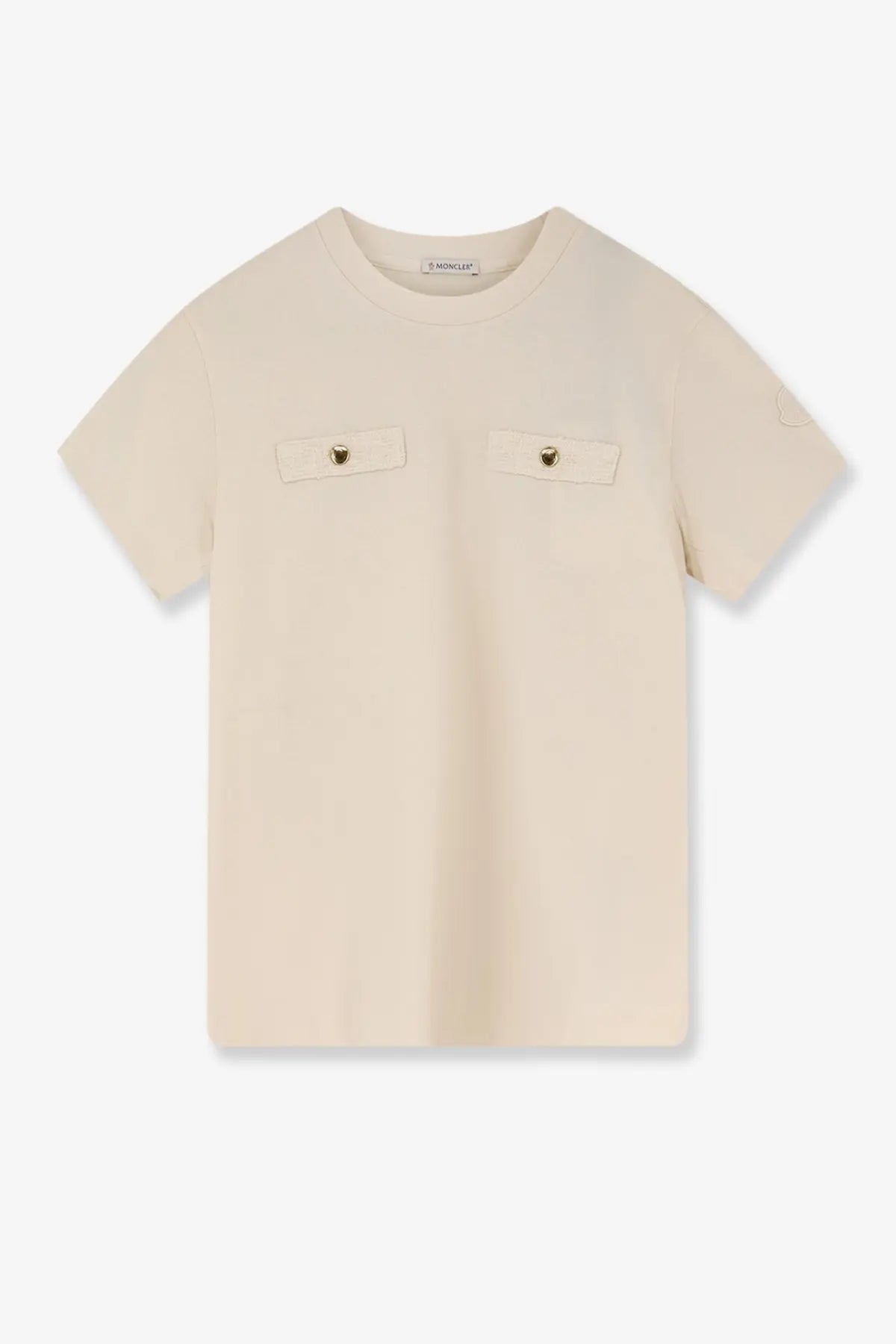 Cream-colored moncler women’s short-sleeved cotton shirt with two front pockets fastened by gold-tone buttons